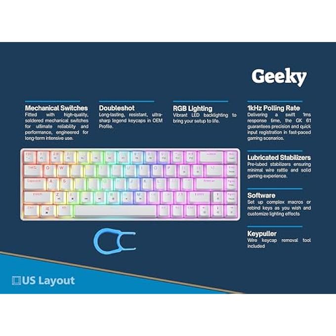 Geeky GK65 SE 65% | MECHANICAL GAMING KEYBOARD | 68 KEYS MULTI COLOR RGB LED BACKLIGHT FOR PC/MAC GAMER | ANSI US FORMAT (WHITE, MECHANICAL BROWN) - Image 2