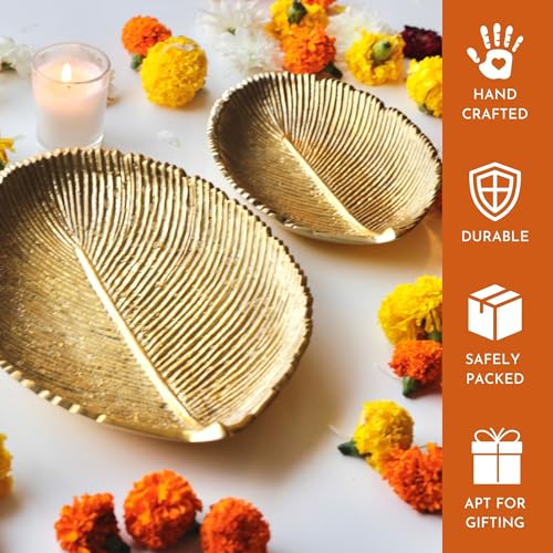 Behoma Metal Leaf Shape Tray for Home Decor | Perfect for Mandap, Haldi, Mehendi & Reception Center Table Decoration | Special Navratri Decoratives Golden, Small Size (Only Tray Included) - Image 3