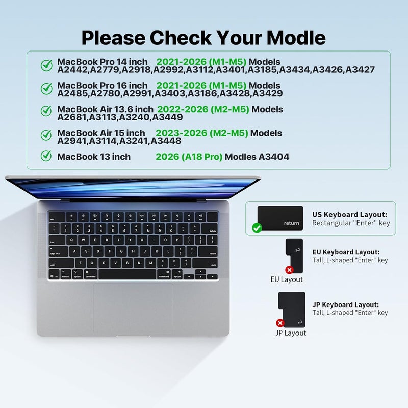 Soonjet Premium Keyboard Cover Protector, Ultra Thin Keyboard Skin for 2026 2025 2024 2023 2022 2021 M5/M4/M3/M2/M1 Pro/Max MacBook Pro 14/16, M4-M2 MacBook Air 13/15, US ANSI Layout- Clear - Image 2