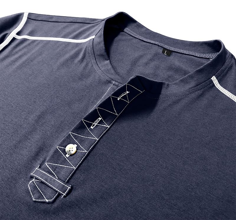 Estokap Mens Casual Short Sleeve Henley Shirts Classic Button Cotton T Shirts Summer Lightweight Tees Tops Navyblue - Image 2