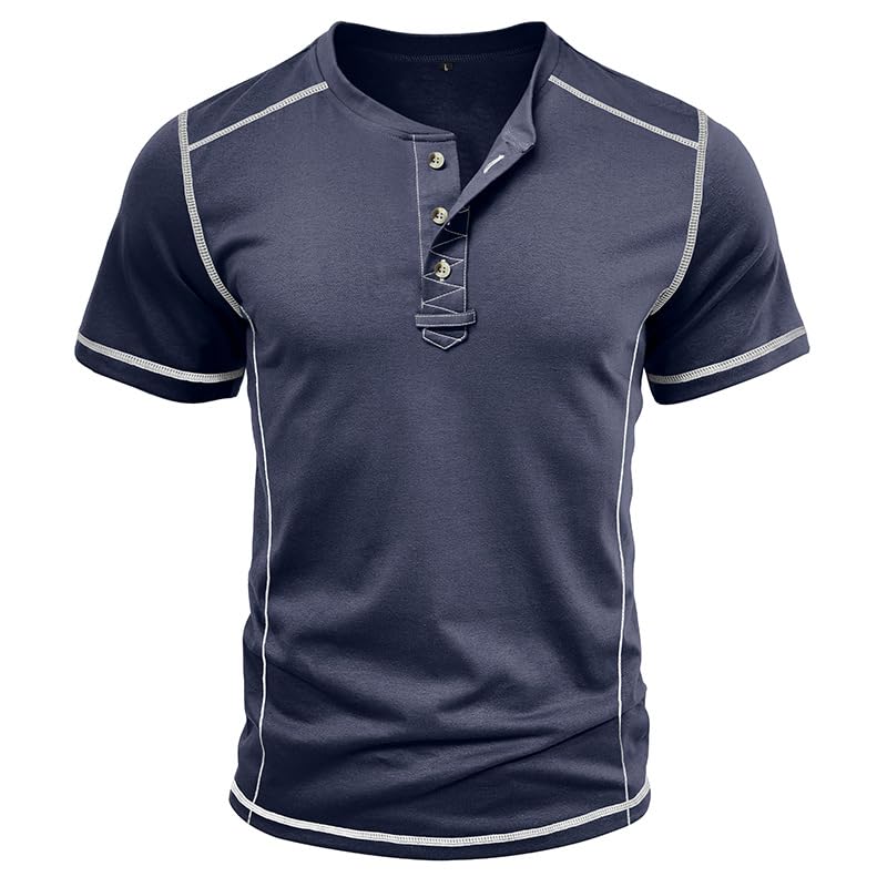 Estokap Mens Casual Short Sleeve Henley Shirts Classic Button Cotton T Shirts Summer Lightweight Tees Tops Navyblue - Image 4