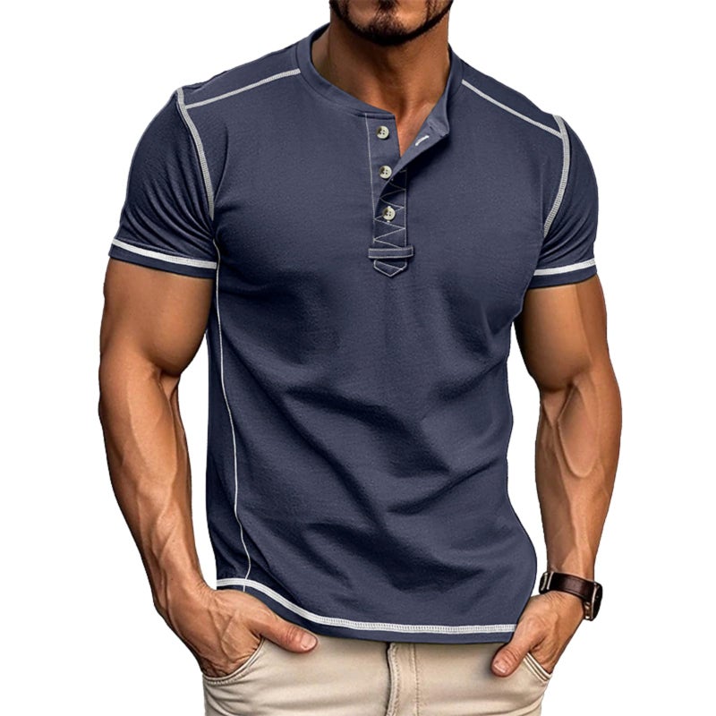 Estokap Mens Casual Short Sleeve Henley Shirts Classic Button Cotton T Shirts Summer Lightweight Tees Tops Navyblue - Image 1