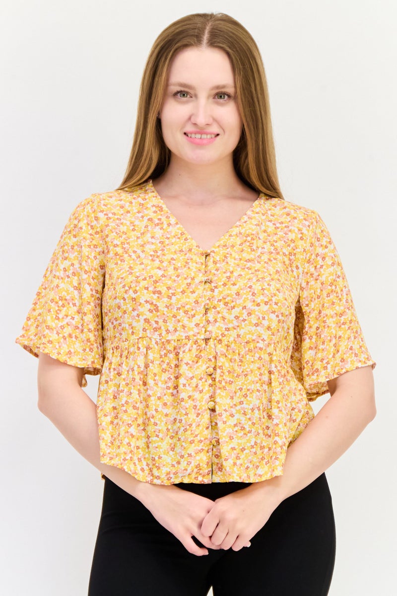 ONLY Women V Neck Short Sleeve Floral Print Blouse, Multicolor  - Image 1