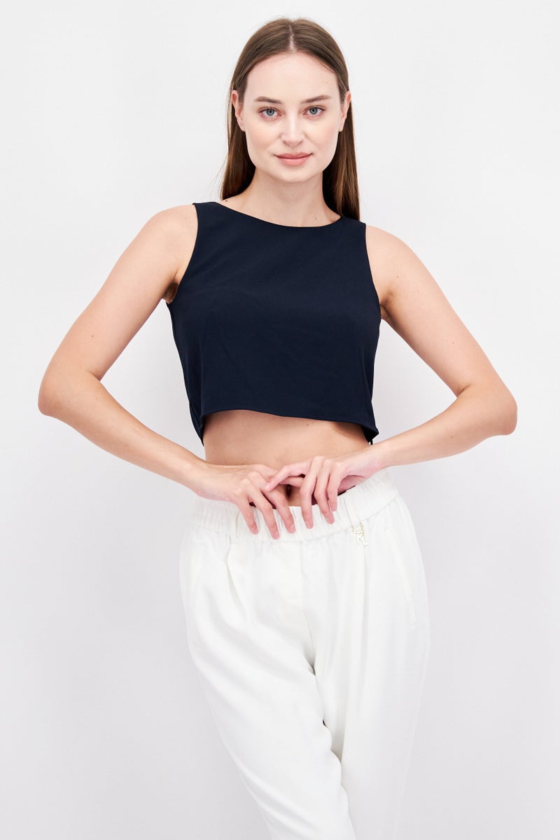 ESPRIT بلوزة نسائية بياقة دائرية بأكمام قصيرة بتصميم منقوش، كحلي - Image 1