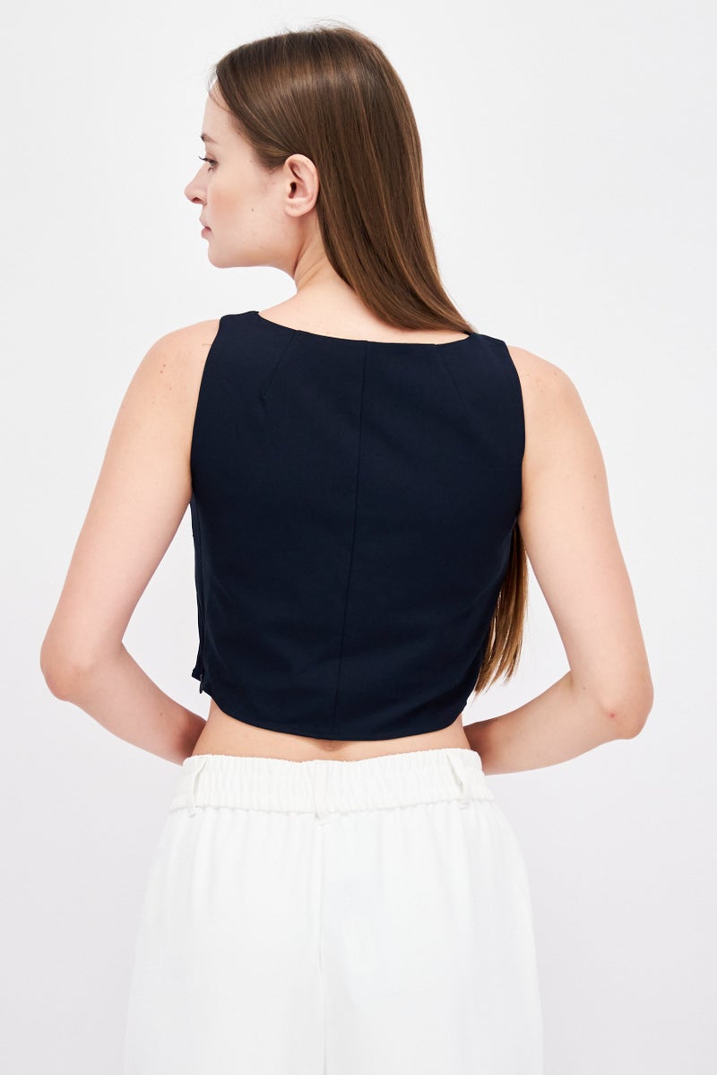 ESPRIT بلوزة نسائية بياقة دائرية بأكمام قصيرة بتصميم منقوش، كحلي - Image 4