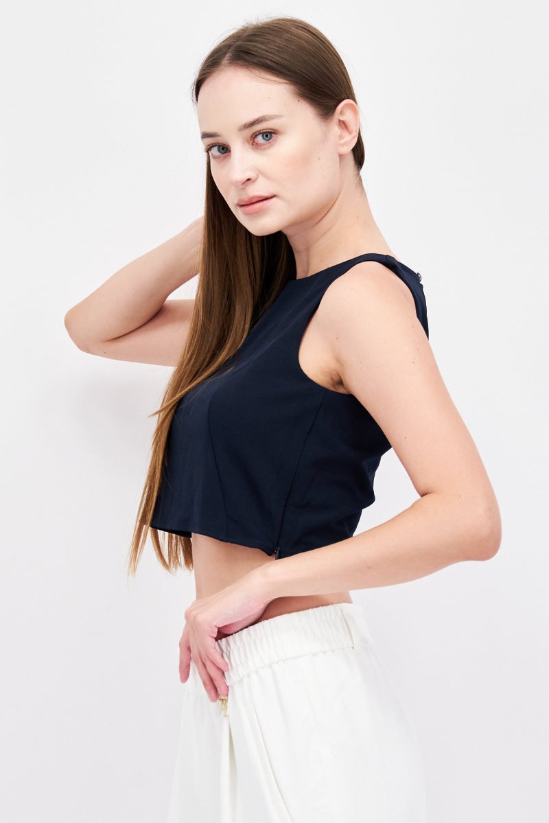 ESPRIT بلوزة نسائية بياقة دائرية بأكمام قصيرة بتصميم منقوش، كحلي - Image 2