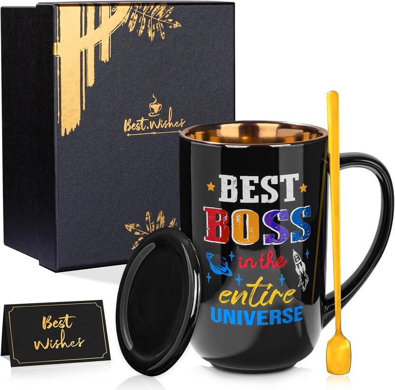 ALBISS Boss Gifts for Men Women, Funny Print Best Boss in The Entire Universe Office Appreciation，Christmas，Birthday Gifts for Bosses，Bosslady -18oz Large Black Ceramic Coffee Mug Set Whit Lid，Card，Gift Box - Image 1
