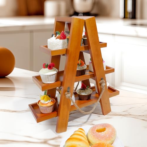 Tnstbiee 3 Tier Cupcake Stand - Wooden Display Stand for Desserts, Fruits, Nuts, Cheese - Removable Trays and Foldable Stand - Perfect for Parties and Events - Rustic and Unique Wooden Serving Tray - Image 2