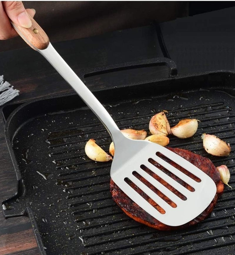 NAIDEV 5 Piece Kitchen Cooking Stainless Steel Utensils Set Wooden Handle Cooking Tools Gadgets Spatula Set with Hook,Shovel,Slotted Turner,Slotted Skimmer,Ladle,Rice Spoon and Cooking Spoon - Image 5