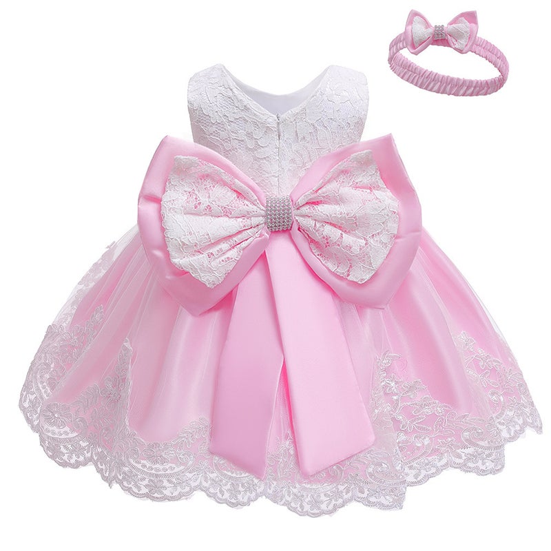 New European and American girls dinner performance bow lace dress large childrens evening dress wholesale pink