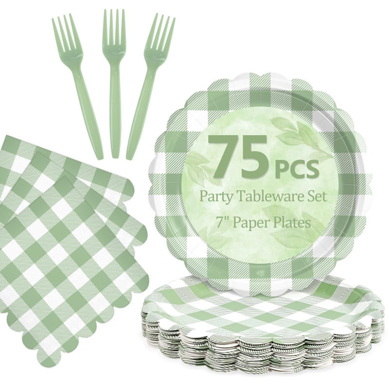 Mulbozy 75 Sage Green Gingham Plates and Napkins Disposable Set Includes Dessert Cake Scalloped Plates, Cocktail Napkins, Forks for for Holiday Party Supplies - Image 1