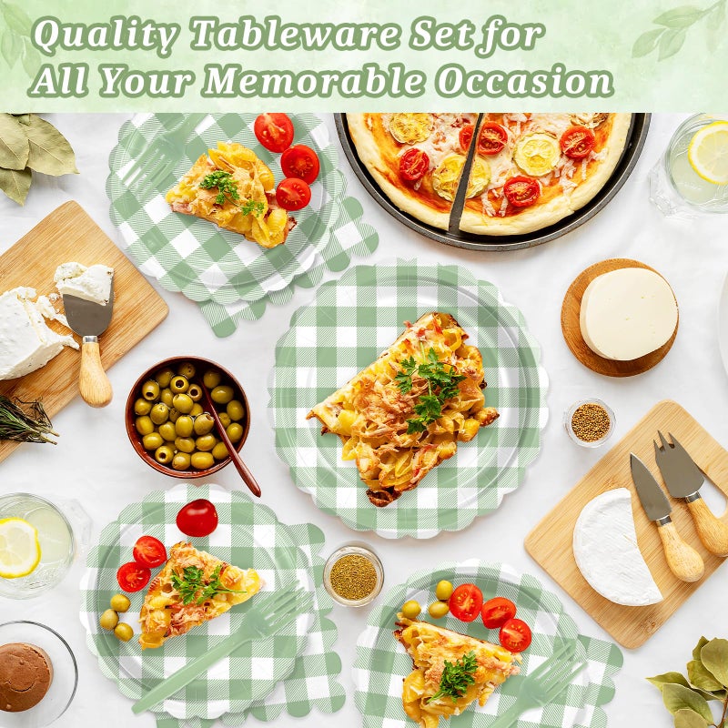 Mulbozy 75 Sage Green Gingham Plates and Napkins Disposable Set Includes Dessert Cake Scalloped Plates, Cocktail Napkins, Forks for for Holiday Party Supplies - Image 3