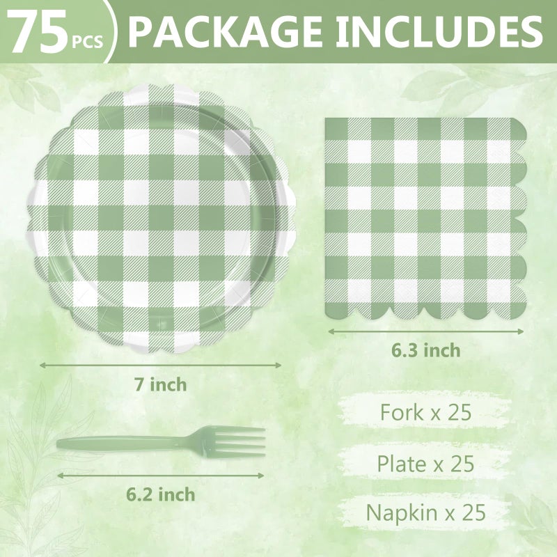 Mulbozy 75 Sage Green Gingham Plates and Napkins Disposable Set Includes Dessert Cake Scalloped Plates, Cocktail Napkins, Forks for for Holiday Party Supplies - Image 2