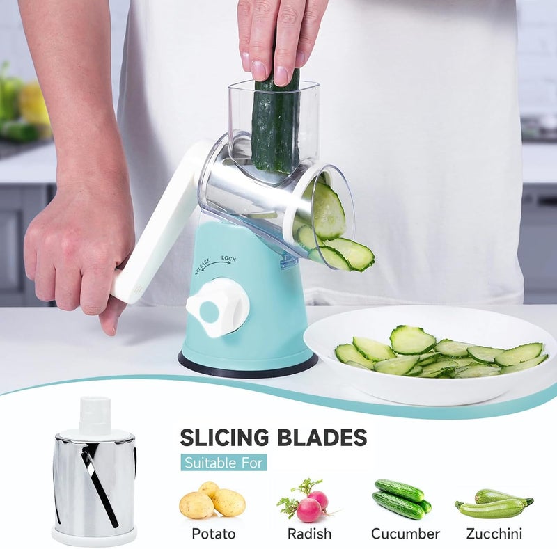 REDPANT Rotary Cheese Grater, Cheese Grater Hand Crank with 3 Interchangeable Blades, Manual Cheese Shredder with Strong Suction Base, Easy to Use and Clean, Blue - Image 3