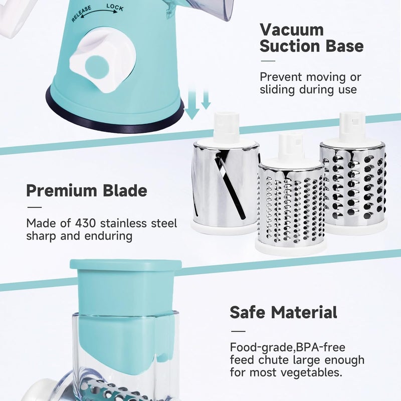 REDPANT Rotary Cheese Grater, Cheese Grater Hand Crank with 3 Interchangeable Blades, Manual Cheese Shredder with Strong Suction Base, Easy to Use and Clean, Blue - Image 5