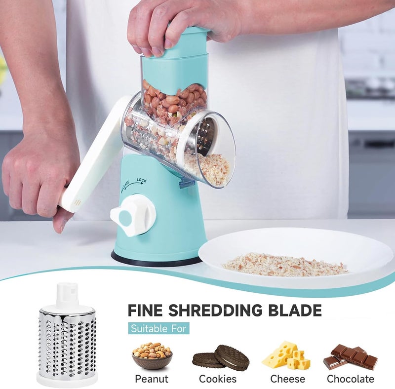 REDPANT Rotary Cheese Grater, Cheese Grater Hand Crank with 3 Interchangeable Blades, Manual Cheese Shredder with Strong Suction Base, Easy to Use and Clean, Blue - Image 4