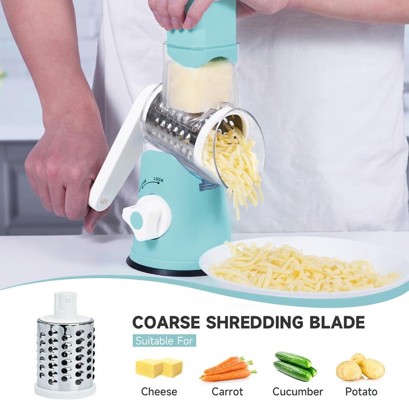 REDPANT Rotary Cheese Grater, Cheese Grater Hand Crank with 3 Interchangeable Blades, Manual Cheese Shredder with Strong Suction Base, Easy to Use and Clean, Blue - Image 2