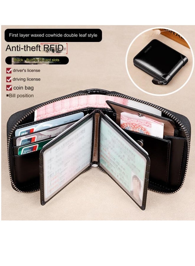 banyanu Short Genuine Leather Large Capacity Men's Multifunctional Cowhide Wallet Black - Double Loose-Leaf Model - Image 2