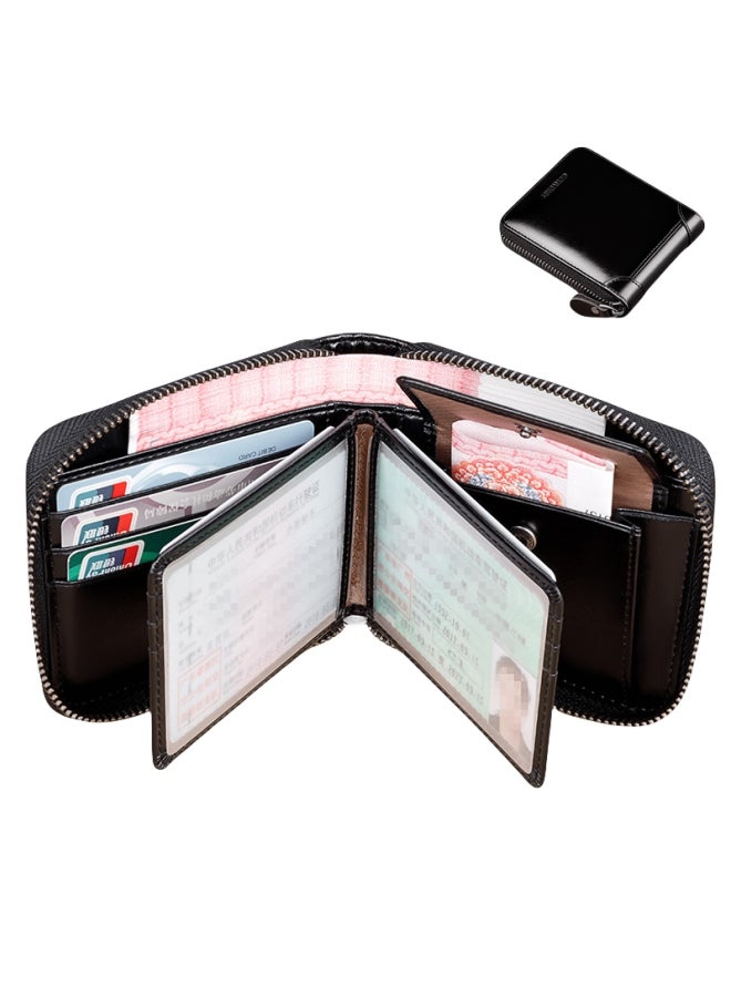 banyanu Short Genuine Leather Large Capacity Men's Multifunctional Cowhide Wallet Black - Double Loose-Leaf Model - Image 1