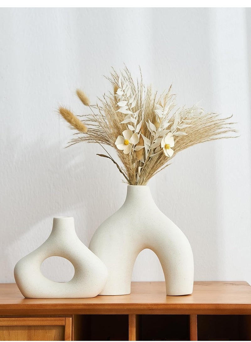 انفلكس مجموعة من قطعتين من مزهرية الدونات الخزفية البيضاء للديكور المنزلي العصري، مزهرية دائرية بسيطة للقطع المركزية، مزهرية بوهو محايدة فريدة لغرفة المعيشة، حامل تلفزيون، غرفة الطعام، ديكور طاولة العشاء - Image 3