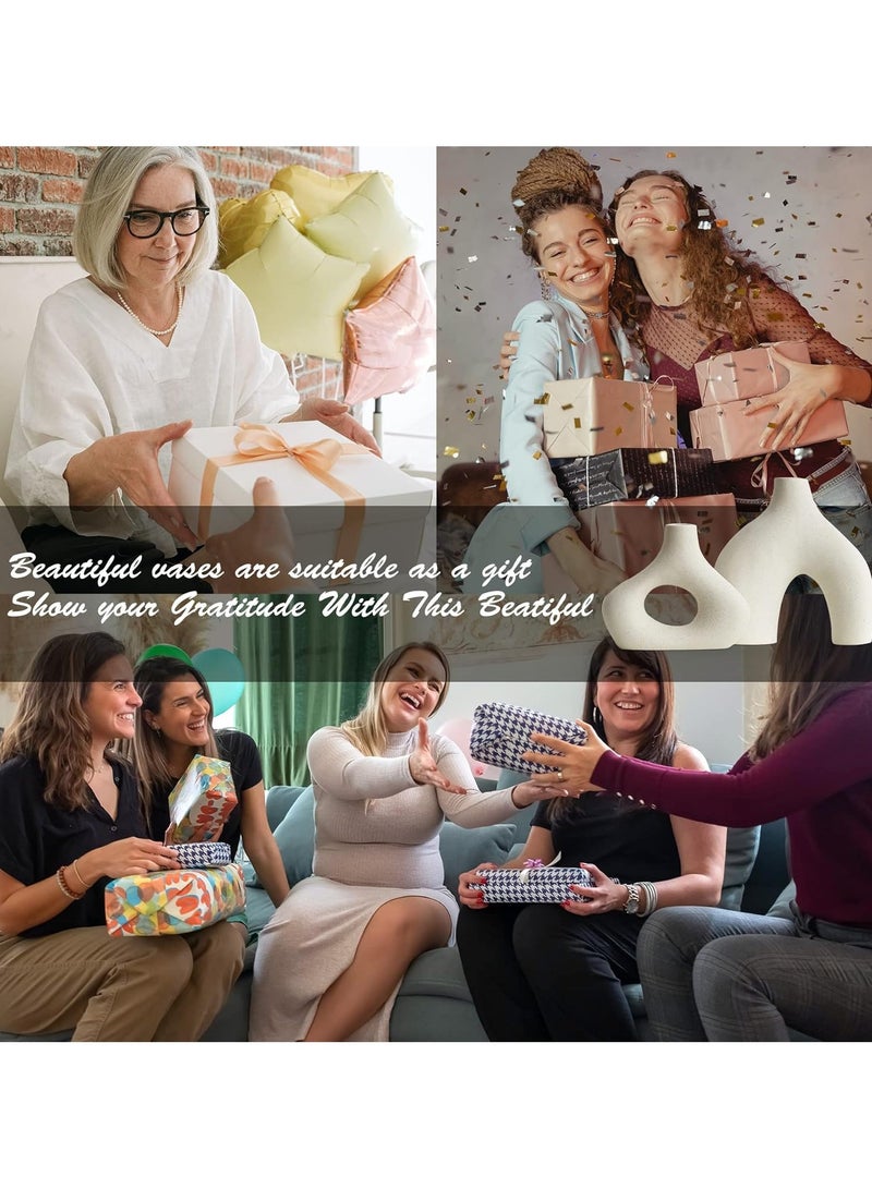 انفلكس مجموعة من قطعتين من مزهرية الدونات الخزفية البيضاء للديكور المنزلي العصري، مزهرية دائرية بسيطة للقطع المركزية، مزهرية بوهو محايدة فريدة لغرفة المعيشة، حامل تلفزيون، غرفة الطعام، ديكور طاولة العشاء - Image 4