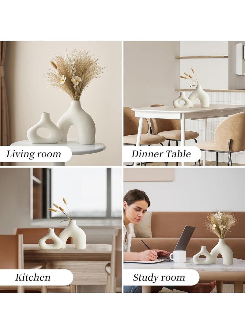 انفلكس مجموعة من قطعتين من مزهرية الدونات الخزفية البيضاء للديكور المنزلي العصري، مزهرية دائرية بسيطة للقطع المركزية، مزهرية بوهو محايدة فريدة لغرفة المعيشة، حامل تلفزيون، غرفة الطعام، ديكور طاولة العشاء - Image 5