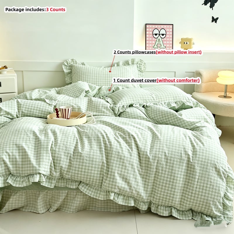 3pcs Pink Checkered Duvet Cover Set with 1* Duvet Cover + 2* Pillowcases, Geometric Pattern, Fresh Print, Soft and Comfortable, Suitable for Bedroom & Guest Room, All-Season Use, Machine Washable, Dorm-Friendly - Image 1
