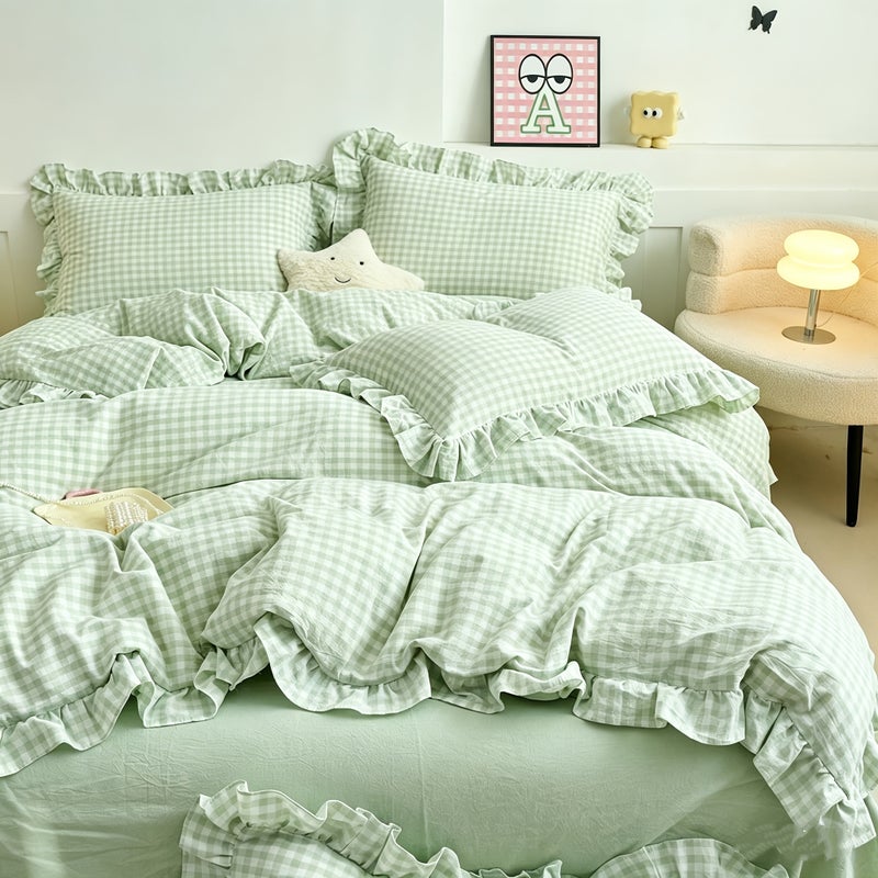 3pcs Pink Checkered Duvet Cover Set with 1* Duvet Cover + 2* Pillowcases, Geometric Pattern, Fresh Print, Soft and Comfortable, Suitable for Bedroom & Guest Room, All-Season Use, Machine Washable, Dorm-Friendly - Image 4