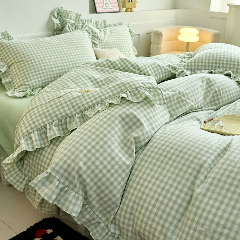 3pcs Pink Checkered Duvet Cover Set with 1* Duvet Cover + 2* Pillowcases, Geometric Pattern, Fresh Print, Soft and Comfortable, Suitable for Bedroom & Guest Room, All-Season Use, Machine Washable, Dorm-Friendly - Image 2