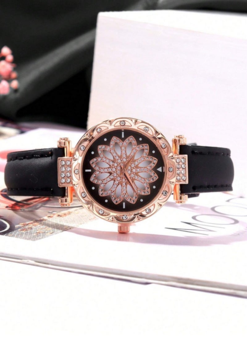 3-piece set of 2 Bracelets and Elegant Quartz Watch for Women in Black and Gold Color Decorated with Rhinestones and Featuring a Round Frame Suitable for Daily Wear Parties and Holidays - Image 3