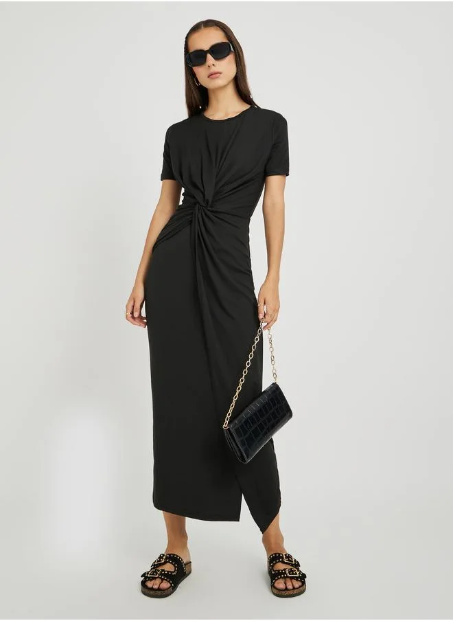 Take Two Take Two Solid Round Neck Front Twist Detail Midi Dress