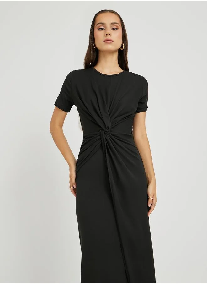 Take Two Take Two Solid Round Neck Front Twist Detail Midi Dress