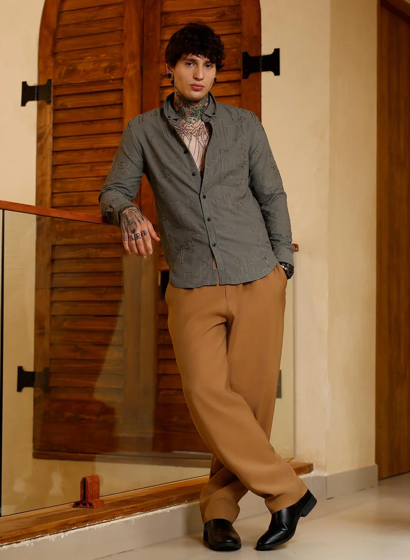 Campus Sutra Campus Sutra Men Embroidered One-Lined Shirt | Button-Down Collar Long Cuffed Sleeves | Button Closure Curved Hem | Abstract Embroiderd | Woven Fabric For Casual & Party Wear | Olive Green