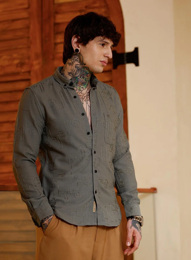 Campus Sutra Campus Sutra Men Embroidered One-Lined Shirt | Button-Down Collar Long Cuffed Sleeves | Button Closure Curved Hem | Abstract Embroiderd | Woven Fabric For Casual & Party Wear | Olive Green