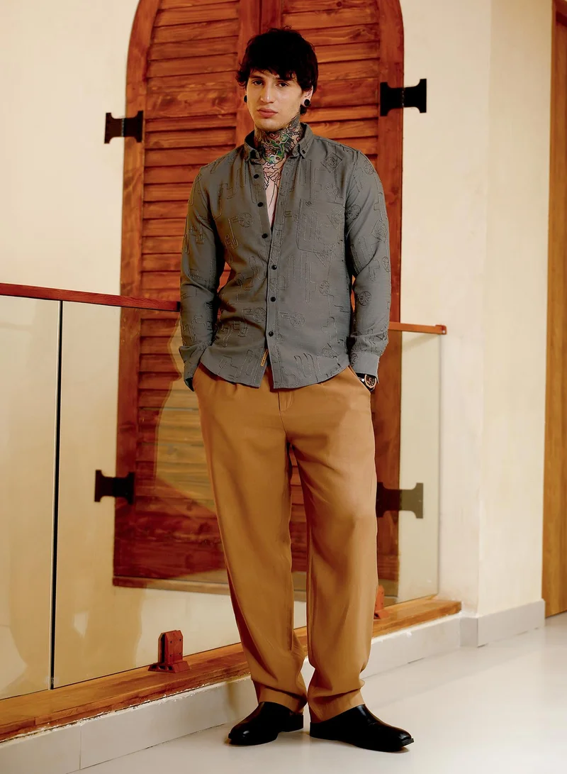 Campus Sutra Campus Sutra Men Embroidered One-Lined Shirt | Button-Down Collar Long Cuffed Sleeves | Button Closure Curved Hem | Abstract Embroiderd | Woven Fabric For Casual & Party Wear | Olive Green