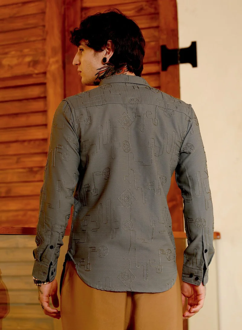 Campus Sutra Campus Sutra Men Embroidered One-Lined Shirt | Button-Down Collar Long Cuffed Sleeves | Button Closure Curved Hem | Abstract Embroiderd | Woven Fabric For Casual & Party Wear | Olive Green