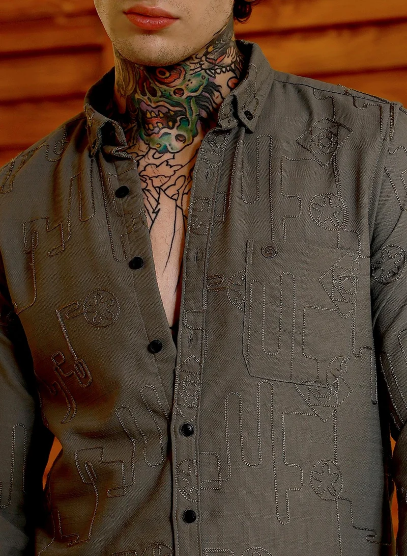 Campus Sutra Campus Sutra Men Embroidered One-Lined Shirt | Button-Down Collar Long Cuffed Sleeves | Button Closure Curved Hem | Abstract Embroiderd | Woven Fabric For Casual & Party Wear | Olive Green