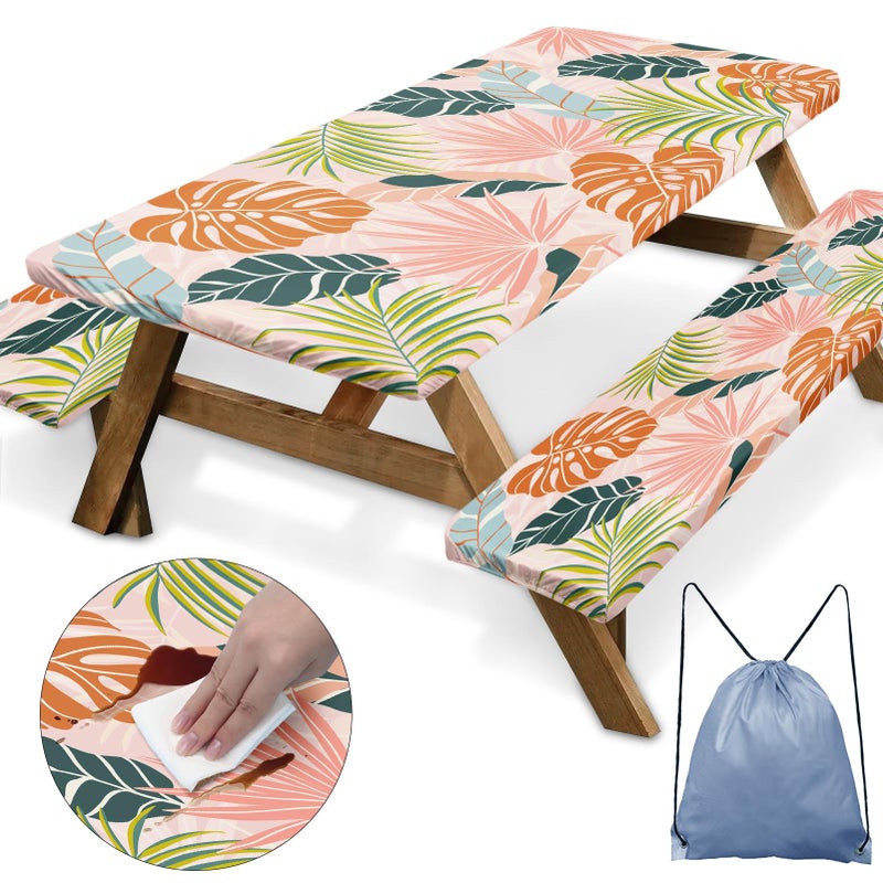 Nesphy Boho Leaves Tropical Picnic Table Cover 3 Piece Set with Bench Covers Palm Leaf Camping Essentials Waterproof - Image 2
