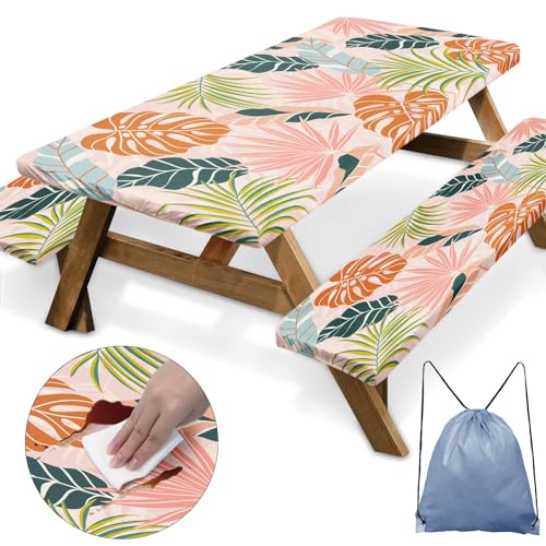 Nesphy Boho Leaves Tropical Picnic Table Cover 3 Piece Set with Bench Covers Palm Leaf Camping Essentials Waterproof - Image 1