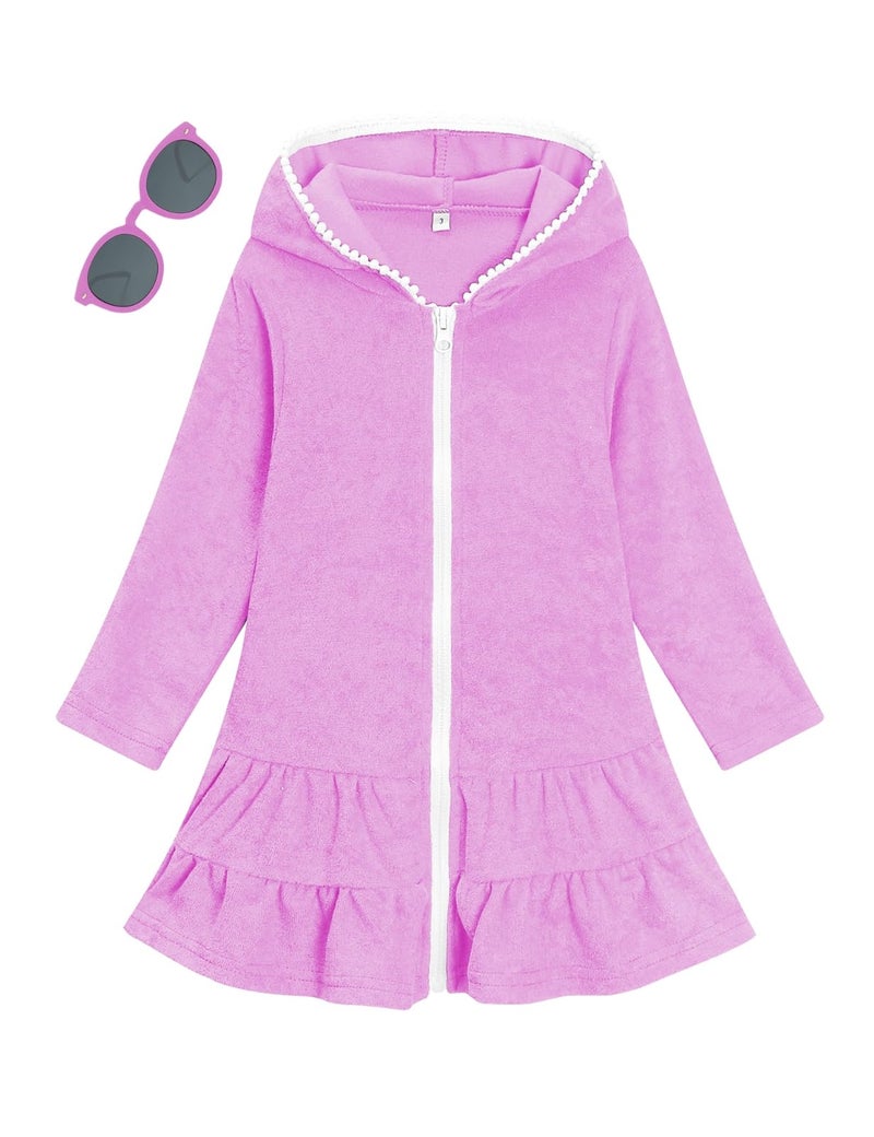 LUCKYGAL Girls Swim Cover Up Kids Swimsuit Coverup Purple Long Sleeve Zip-Up Beach Pool Clothes, Size 6 7 - Image 1