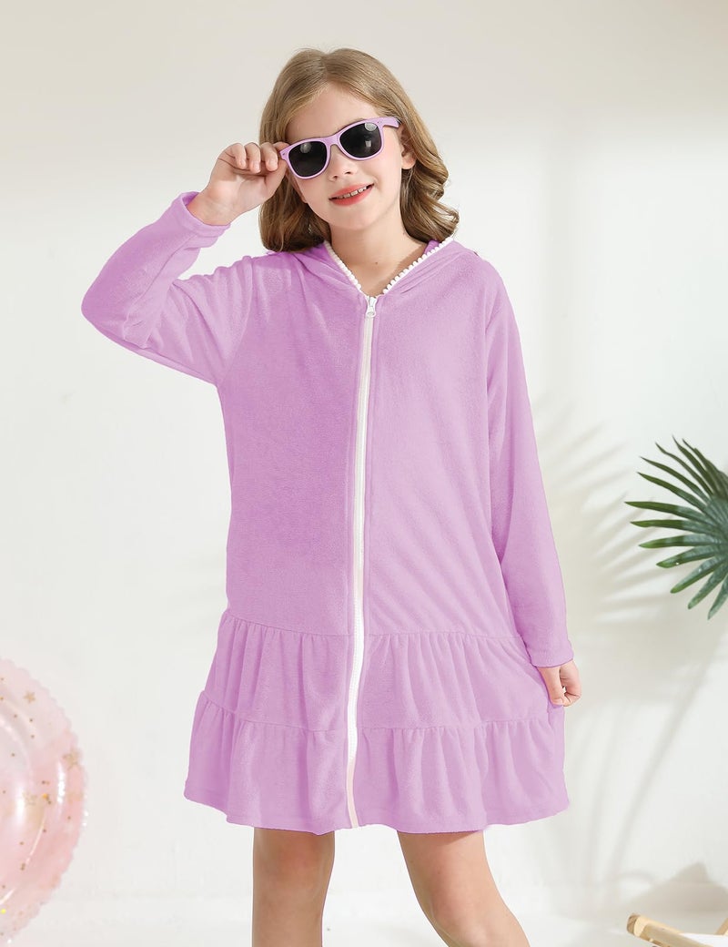 LUCKYGAL Girls Swim Cover Up Kids Swimsuit Coverup Purple Long Sleeve Zip-Up Beach Pool Clothes, Size 6 7 - Image 3