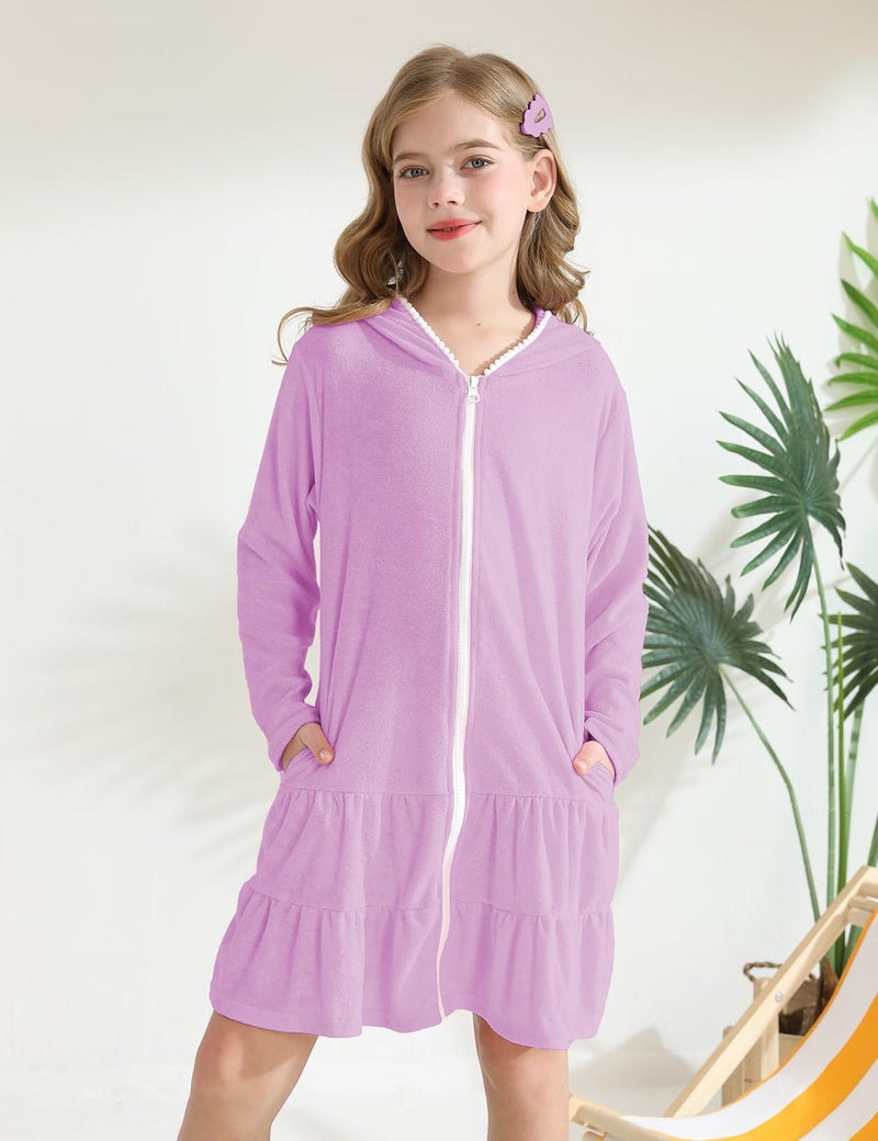 LUCKYGAL Girls Swim Cover Up Kids Swimsuit Coverup Purple Long Sleeve Zip-Up Beach Pool Clothes, Size 6 7 - Image 5