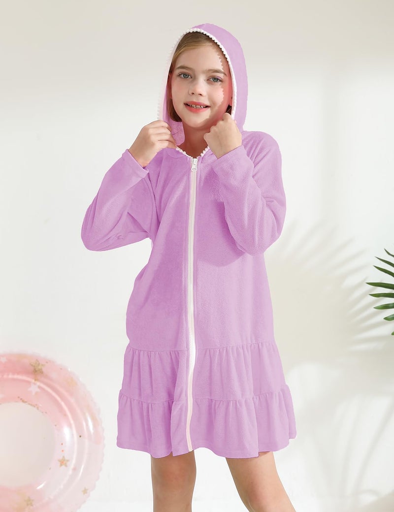 LUCKYGAL Girls Swim Cover Up Kids Swimsuit Coverup Purple Long Sleeve Zip-Up Beach Pool Clothes, Size 6 7 - Image 4