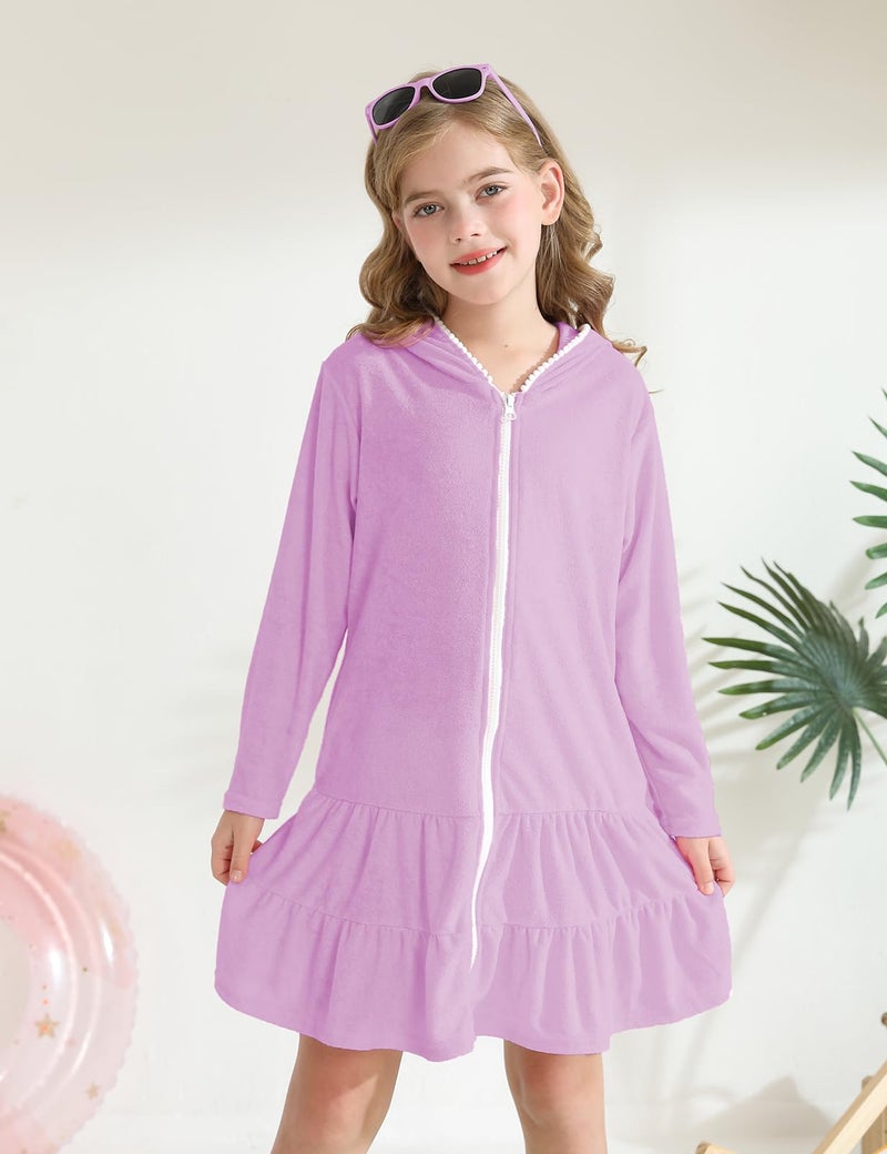 LUCKYGAL Girls Swim Cover Up Kids Swimsuit Coverup Purple Long Sleeve Zip-Up Beach Pool Clothes, Size 6 7 - Image 2