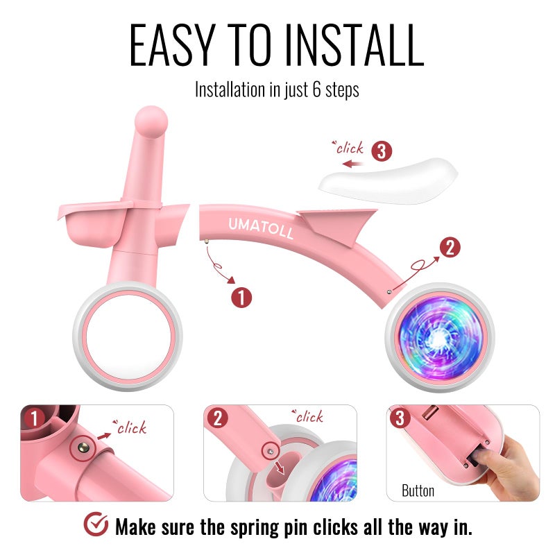 Umatoll Colorful Lighting Baby Balance Bike Toys for 1 Year Old Girl Gifts, Adjustable Seat, First Birthday Gifts, 12-24 Months Toddler Bike, Pink - Image 2