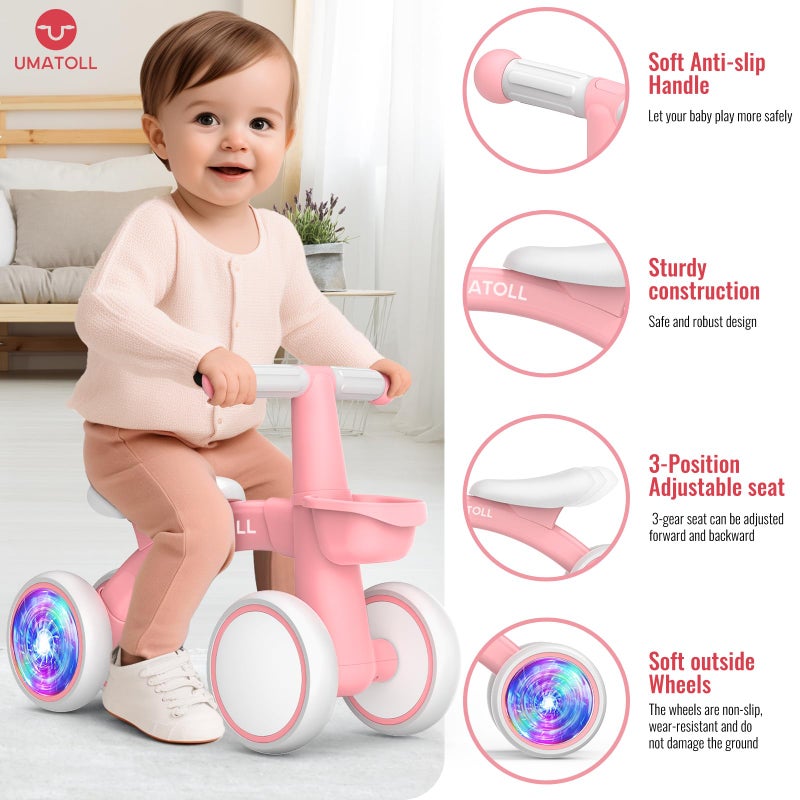 Umatoll Colorful Lighting Baby Balance Bike Toys for 1 Year Old Girl Gifts, Adjustable Seat, First Birthday Gifts, 12-24 Months Toddler Bike, Pink - Image 3
