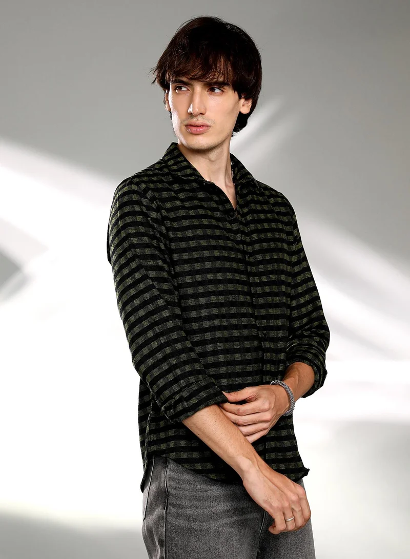 Campus Sutra Men's Seaweed Green & Charcoal Black Gingham Shirt