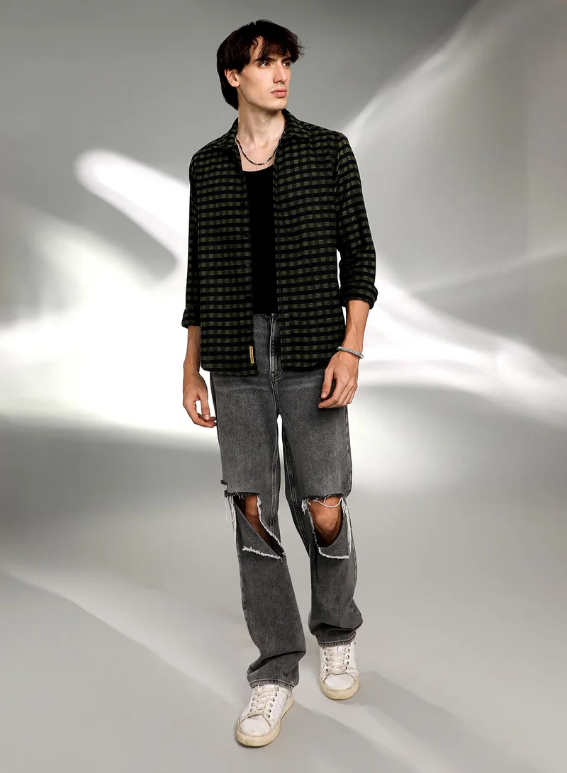 Campus Sutra Men's Seaweed Green & Charcoal Black Gingham Shirt