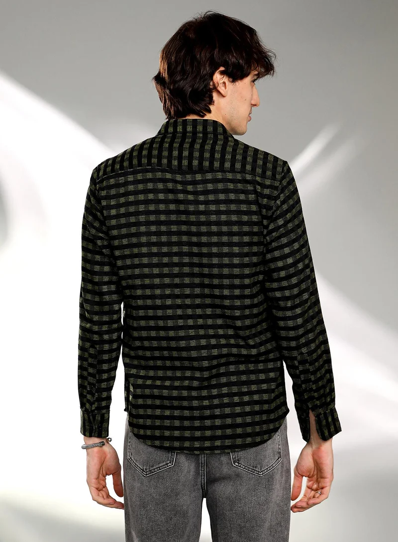 Campus Sutra Men's Seaweed Green & Charcoal Black Gingham Shirt