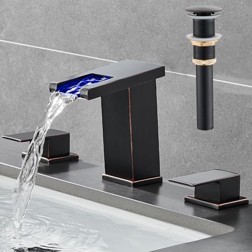 AVSIILE LED Bathroom Faucet 3 Hole, Oil Rubbed Bronze Waterfall Bathroom Faucets, 8 Inch Widespread Modern Bathroom Sink Faucet & Parts, Wide Spread Touch On Three Hole 2 Handle Bathroom Vanity Faucet - Image 1